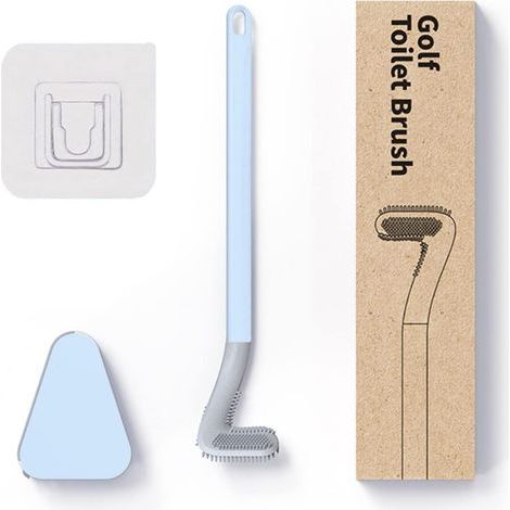 Cepillo de baño de golf, cepillo de baño de silicona, juego de inodoro de silicona con mango largo, apertura automática y base a prueba de fugas (azul con base) (1/5)