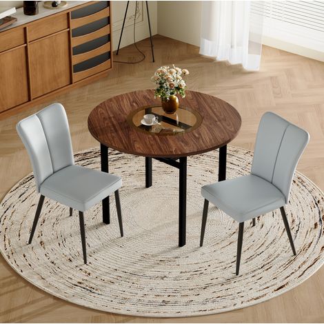 Juego de comedor redondo de 100 cm, tablero de MDF con vidrio, 2 sillas de PU gris claro y negro (1/5)