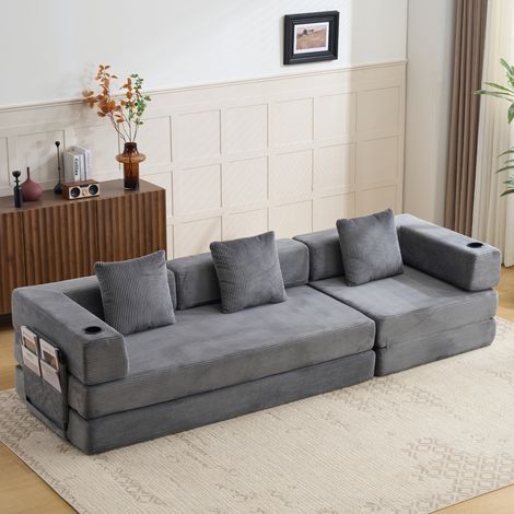 Canapé Lit convertible pliable au sol avec accoudoirs, porte-gobelets et poche latérale, velours côtelé - gris foncé (1/5)