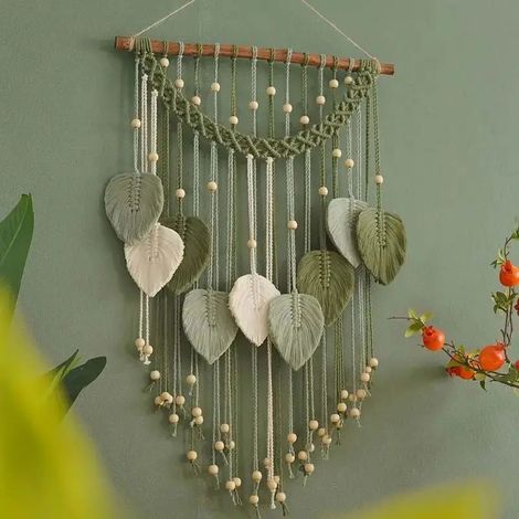 1 pièce de décoration murale en macramé avec feuilles - Décoration murale bohème chic et tissée à la main avec pompons (1/5)