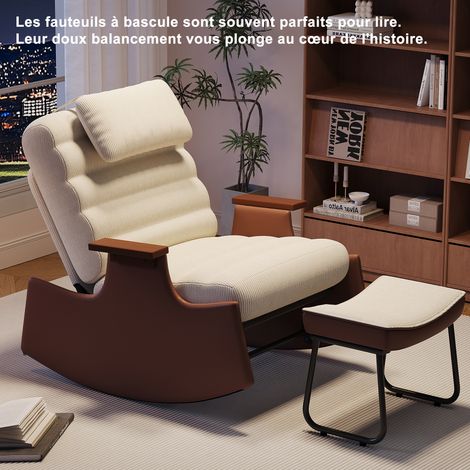 Fauteuil à bascule beige avec repose-pieds, rocking chair relax dossier réglable 3 positions, appui-tête, tissu velours côtelé, accoudoirs PU marron, charge 300 kg