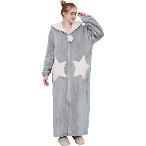 Peignoir femme zippé, robe de chambre cagoule molletonnée polaire chaude, longue nuisette pyjama nuit, doudoune cosy. (1/5)