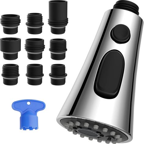 Douchette Robinet Cuisine Remplacement, Douchette d'Evier à 3 Fonctions de Jet, 9 Adaptateurs Compatible avec les Robinets G1/2, Chrome (1/5)