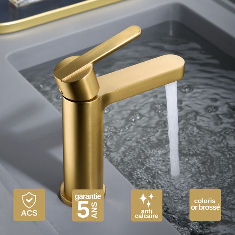 Robinet Mitigeur Lavabo Salle de Bain or brossé – Bec Haut Anti-Calcaire – Design moderne - ROMA IMEX (1/5)