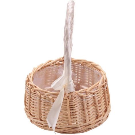 Le panier à fleurs en osier tressé, avec anse et ruban blanc, convient aux mariages et à la décoration de jardin. (1/5)