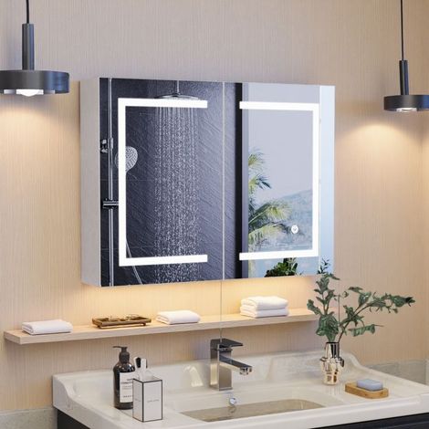 LED-Spiegel-Schrank - Doppeltür - 80x60cm - Beleuchtung 3 Modi - Verstellbarer Stauraum
