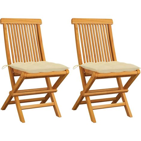 Lot de 2 Chaises de jardin - Chaises d'extérieur pour terrasse/jardin avec coussins blanc crème Teck massif BV610063 - BonneVie (1/5)