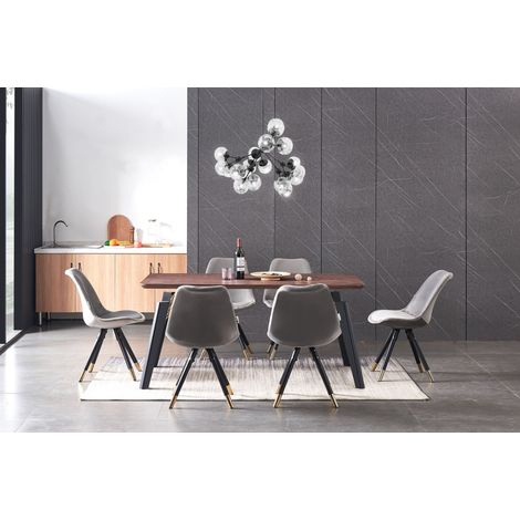Cosmo LUX Sofia Dining Set - a Walnut Wooden Dining Table and Set of 6 Dark Grey Velvet Dining Chairs - Dining Room Kitchen (1/5)