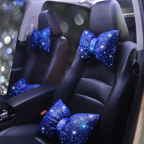 Coussin d'appui-tête de voiture, nœud coloré, scintillant, support en strass et cristal, soutien de la nuque du conducteur, bleu, 2 pièces.