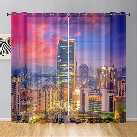 Juego de 2 cortinas transparentes estampadas con diseño de vista a la ciudad, cortinas semitransparentes con ojales, cortinas modernas para la decoración del hogar, dormitorio y sala de estar (132x213 (1/5)