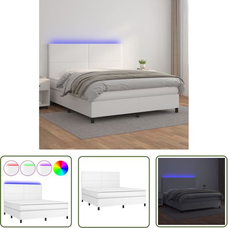 The Living Store Sommier à lattes de lit avec matelas et LED Blanc 160x200 cm - Lit Plateforme - Lit Design - Lit Moderne - Lit Capitonné - Lit Avec Rangement (1/5)
