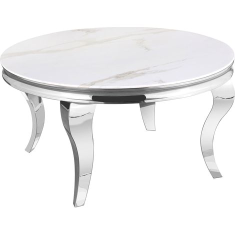 Table Basse BAROQUE Ronde Plateau Verre Trempé Marbré Blanc Structure Chrome D80x45cm