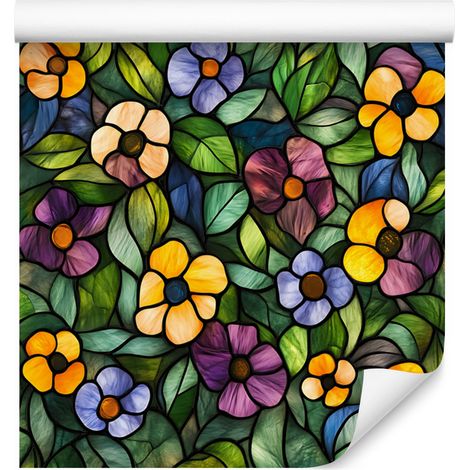 Papier peint à motifs de fleurs en vitrail, vert bouteille et olive, 50 x 1000 cm (1/5)