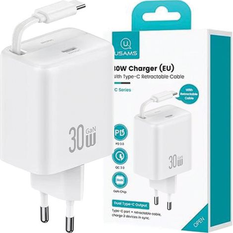 Chargeur réseau USAMS 1xUSB-C avec câble USB-C rétractable PD+QC 30W Gan Charge rapide Blanc Série YC CC241TC02 (US-CC241) (1/5)