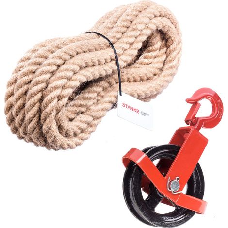 Seilwerk STANKE 125 mm Poulie avec crochet + Corde de jute 20 mm 25 m, Crochet de treuil