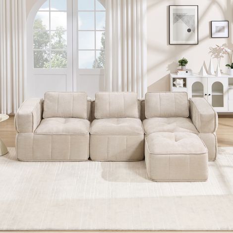 Divano angolare modulare 3 posti con 1 pouf, 271 x 162 x 67 cm, tessuto poliestere beige DESVIAE (1/5)