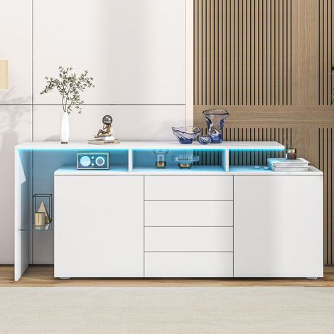 Buffet, 160 x 35 x 70 cm, avec éclairage LED, blanc laqué, meuble de salon, meuble indépendant, meuble TV, buffet haut, meuble multifonctions (1/5)
