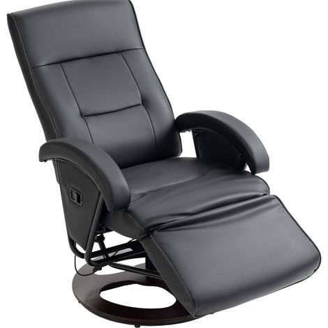 Fauteuil relax pivotant en cuir synthétique avec repose-pieds, base en bois, inclinable, noir (1/5)