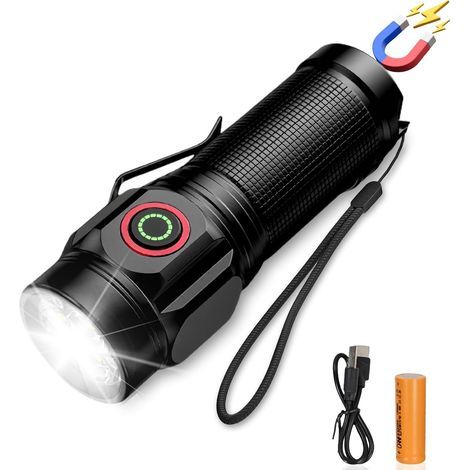 Torche LED rechargeable, lampe de poche super lumineuse, torche puissante avec clip, 5 modes d'éclairage, mise au point réglable, résistant à l'eau (1/5)