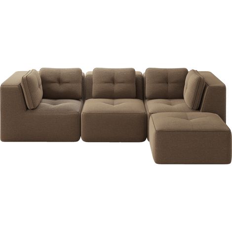 Canapé d'angle modulable en velours côtelé brun, avec ottomane, assise profonde, larges accoudoirs et pieds antidérapants, sans montage CHICFURN (1/5)