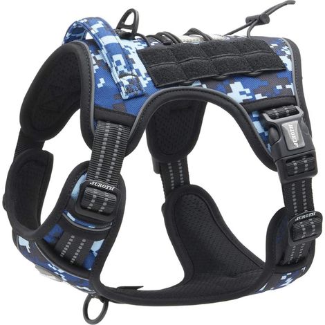 Harnais tactique pour chien anti-traction - Respirant - Facile à Utiliser - Pour chiens de petite, moyenne et grande taille - Durable - Réfléchissant - Matériau militaire - Taille L - Bleu (1/5)