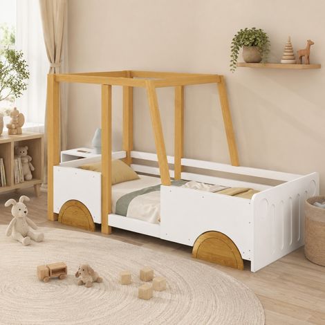 DESMIU Lit enfant 1 place avec barrières, forme voiture et cadre supérieur, 90 × 200 cm, sans matelas, blanc (1/5)