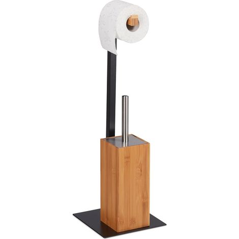 Brosse WC et dérouleur Papier, Ensemble WC, Bambou & métal, Accessoire Toilette, 60x20x20 cm, Nature/Noir (1/5)