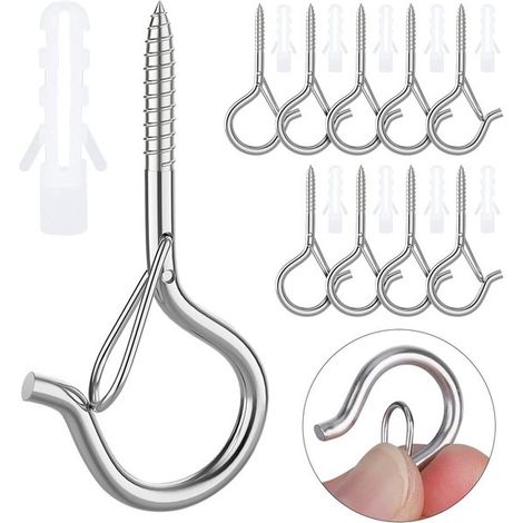 10 ganchos de tornillo, ganchos Q, Ganchos de tornillo de acero inoxidable, comederos, Para sujetar objetos colgantes de madera pesados, Plateado (1/5)