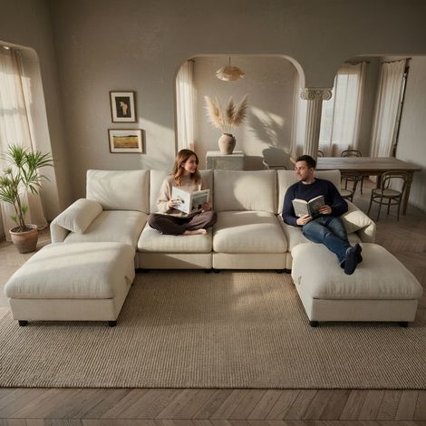 Canapé d'angle, 6 places, deux repose-pieds, prise de recharge USB Type-C, support pour téléphone portable, tissu chenille, beige (1/5)