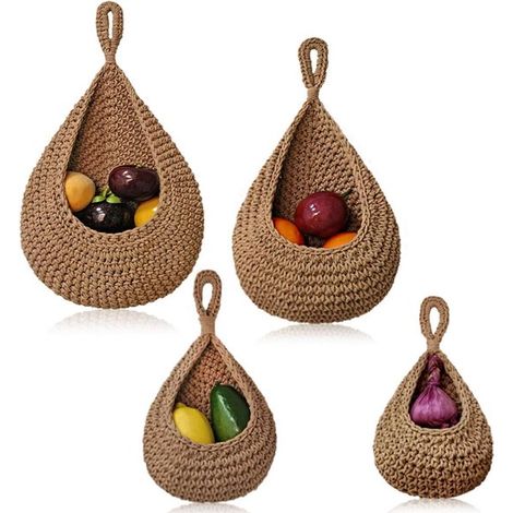 Cesti portaoggetti da parete, confezione da 4, tipo da appendere, cesto per frutta, corda di cotone, intrecciati a mano, per conservare frutta, verdura, patate, cipolle, ecc., marrone (1/5)