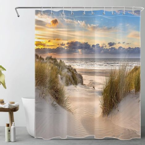 Plage Rideaux de Douche 150x200cm Paysage de Coucher de Soleil Île Tropicale Rideaux de Bain avec Crochets, Seascape Extra Longue Imperméable Polyester Anti Moule Salle de Bain Décor (1/5)