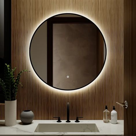 Miroir LED rond 80 cm avec cadre noir mat rétroéclairé et capteur tactile (1/4)