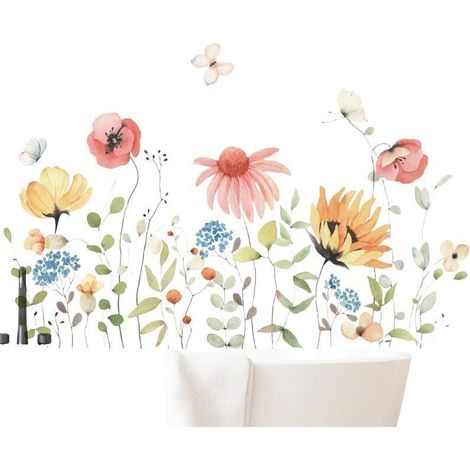 Pegatinas de pared de 30x60cm con mariposas y flores en acuarela para dormitorio