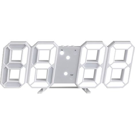 Horloge murale numérique LED 3D avec veilleuse à intensité variable et affichage de la température (blanche).