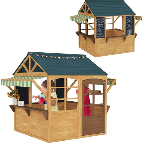 Casetta da gioco per bambini Irovami in legno di abete, piccola casetta pieghevole con finestre e porta, per bambini dai 3 agli 8 anni, marrone e blu