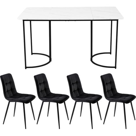 Conjunto de comedor de 5 piezas mesa 140 x 80 cm MDF blanco con 4 sillas de terciopelo negro (1/5)