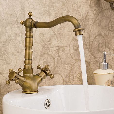Antiker Bronze-Waschtischhahn mit Doppelgriff und Einlochmontage, Mischbatterie für heißes und kaltes Wasser für Küche und Bad