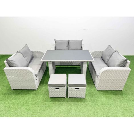 Fimous 8 Seater Patio Garden Furniture Sets with Black Glass Top Dining Table Love Sofa 2 Small Stool Light Grey (1/4)