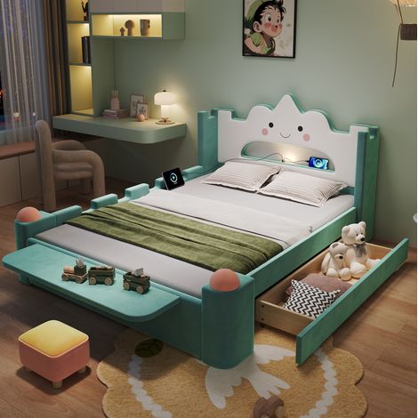 Letto imbottito 140/200 cm con testiera a nuvola, lampada LED, USB e cassetto contenitore (1/5)