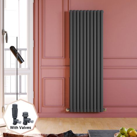 ELEGANT 1800 x 590 mm Anthracite Vertical Column Radiator Double Oval Panel Designer Bathroom Radiator + Anthracite Thermostatic Radiator Valves (1/5)