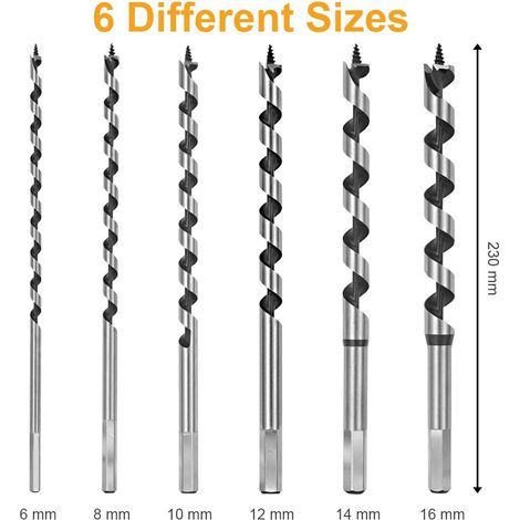 Set mit 7 SDS-Plus-Langspiral-Holzbohrern, Durchmesser 6 mm/8 mm/10 mm/12 mm/14 mm/16 mm/18 mm für Weich- und Hartholz, mit Zentrierspitze (1/5)