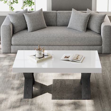 Table basse rectangulaire, table d'appoint moderne laquée brillante avec pieds en X, idéale pour le salon, le balcon, la chambre ou le bureau. En MDF blanc et noir, elle mesure 100 x 50 x 40 cm. (1/4)