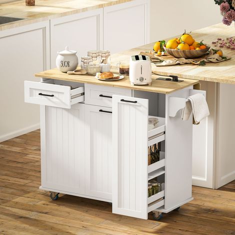 Isola da cucina con ruote, presa USB, piano d'appoggio pieghevole, 2 cassetti, porta spezie e portasciugamani, 119,5x74x94,5 cm, bianca