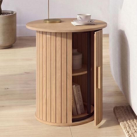 Mesita auxiliar redonda, mesita de salón, mesita de noche JULIETTE de 45 cm con compartimento interior, listones y travesaños de (1/5)