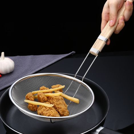 Passoire à mailles fines, polyvalente, en acier inoxydable avec manche en bois, cuillère à écumer robuste pour la cuisine domestique (1/5)