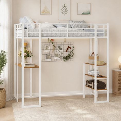 Cama alta de hierro blanca 90x190 cm con escritorio, escalera bilateral y espacio de almacenaje bajo la cama (1/5)