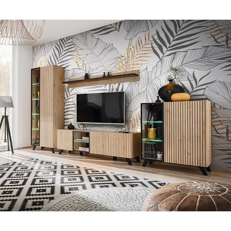 Ensemble de 4 meubles pour salon "Liam" en bois - Beige/noir - Eclairage LED - Livraison gratuite (1/5)