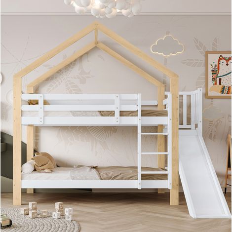 Letto a castello in legno massello bianco e naturale 90x200 cm con scivolo, scala a 3 gradini e struttura a casetta (1/5)
