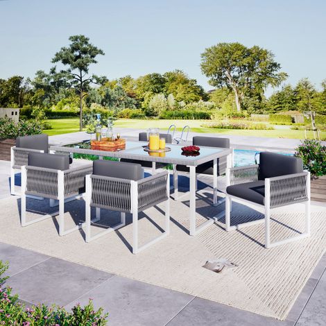 Salon de jardin 6 personnes avec table 170x80 cm et 6 chaises design élégant tissage corde coussins amovibles structure acier extérieur (1/5)