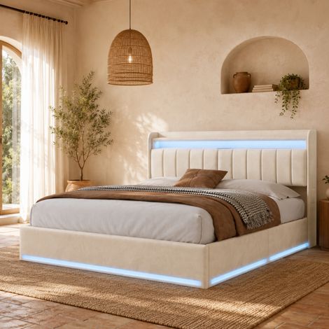 Lit coffre 140x190 avec port USB et Type C, lit simple/double avec sommier à lattes, lit adulte avec LED, velours, beige (1/5)